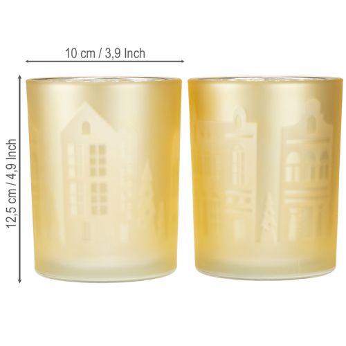 Artikel Windlicht "City Glow" Glas gold-silber Stadtsilhouette festlich H12,5cm Set 4