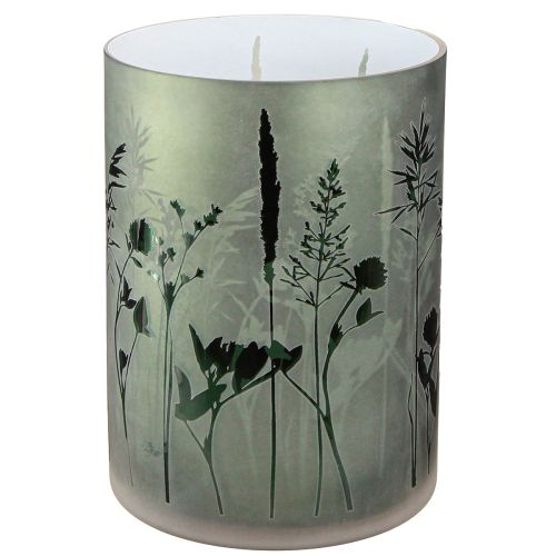 Floristik21 Windlicht Glas Weiß Grün Wiesenmotiv Dekoration H24cm