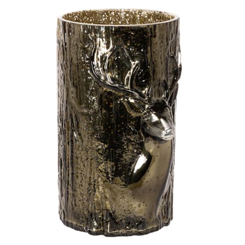 Windlicht Glas Hirschkopf Baumrelief 26cm Grünbraun Innenbereich