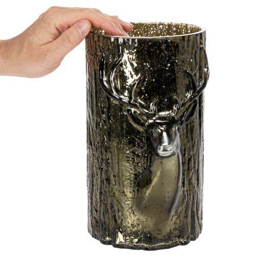 Windlicht Glas Hirschkopf Baumrelief 26cm Grünbraun Innenbereich | Floristik21.de