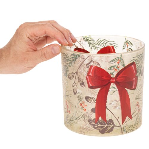 Windlicht Glas 15cm mit roter Schleife und Winterzweigen | Floristik21.de