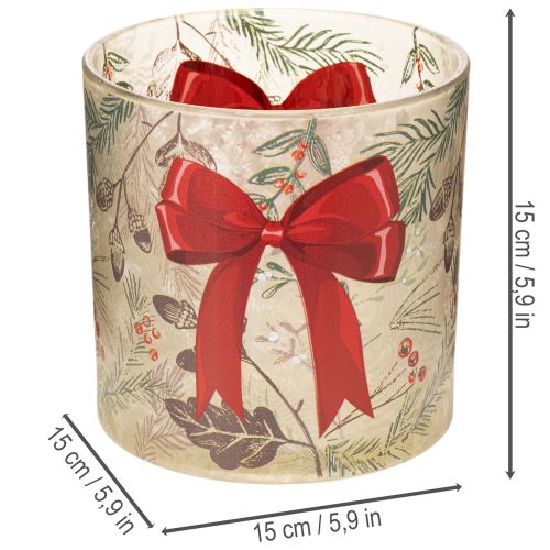 Windlicht Glas 15cm mit roter Schleife und Winterzweigen | Floristik21.de
