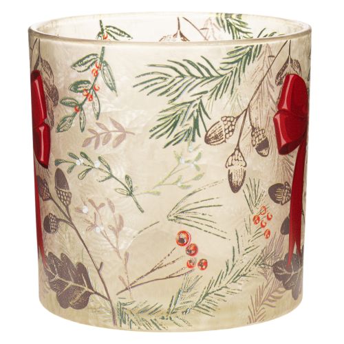 Windlicht Glas 15cm mit roter Schleife und Winterzweigen | Floristik21.de