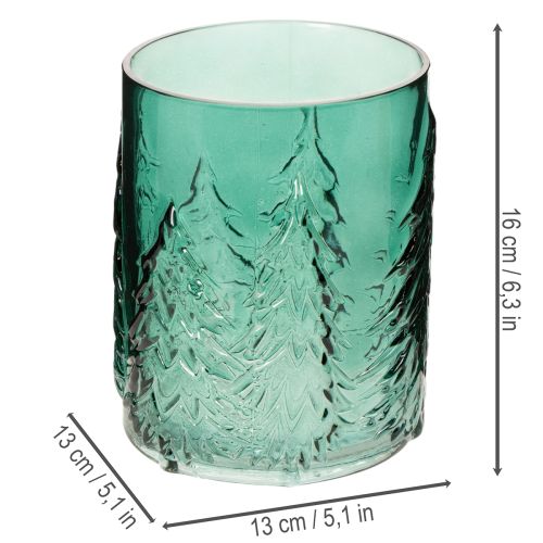 Windlicht Glas Türkisgrün Relief Tannen 16cm | Floristik21.de