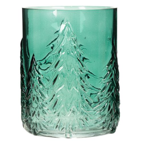 Windlicht Glas Türkisgrün Relief Tannen 16cm | Floristik21.de