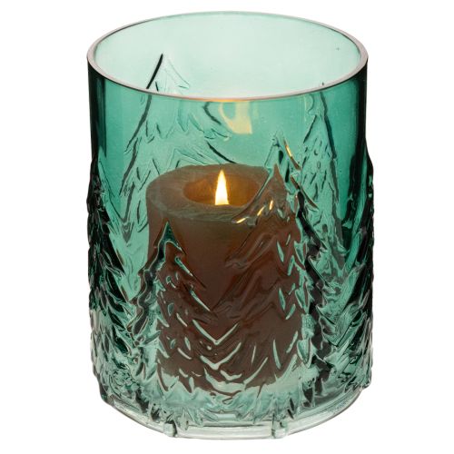 Windlicht Glas Türkisgrün Relief Tannen 16cm | Floristik21.de