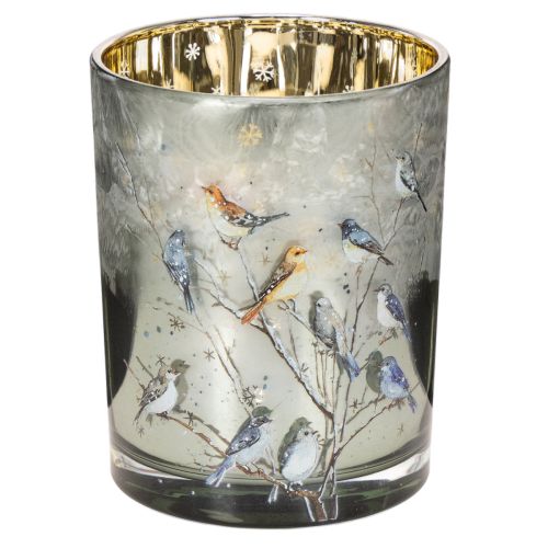 Kerzenglas aus Glas mit Vogelmotiv und glänzender Innenseite, 12 cm, für Innenbereiche