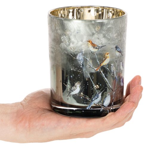 Kerzenglas aus Glas mit Vogelmotiv und glänzender Innenseite, 12 cm, für Innenbereiche | Floristik21.de