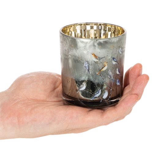 Windlicht Glas 8cm mit Vogel- und Schneeflocken-Motiv, goldfarbene Innenseite, 2-teiliges Set, für Innenbereich | Floristik21.de