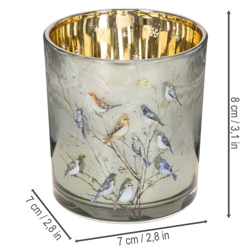 Windlicht Glas 8cm mit Vogel- und Schneeflocken-Motiv, goldfarbene Innenseite, 2-teiliges Set, für Innenbereich | Floristik21.de