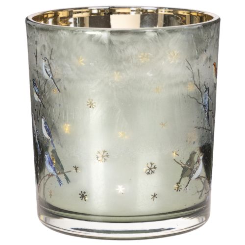 Windlicht Glas 8cm mit Vogel- und Schneeflocken-Motiv, goldfarbene Innenseite, 2-teiliges Set, für Innenbereich | Floristik21.de