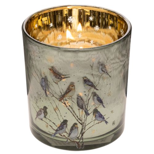 Windlicht Glas 8cm mit Vogel- und Schneeflocken-Motiv, goldfarbene Innenseite, 2-teiliges Set, für Innenbereich | Floristik21.de