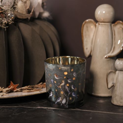 Windlicht Glas 8cm mit Vogel- und Schneeflocken-Motiv, goldfarbene Innenseite, 2-teiliges Set, für Innenbereich | Floristik21.de