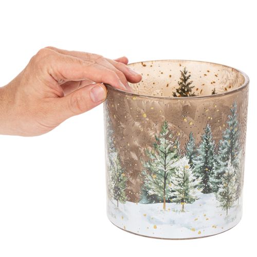 Teelichthalter aus Glas mit Tannen-Motiv, 15 cm, mehrfarbig | Floristik21.de
