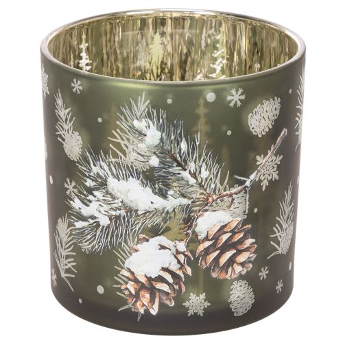 Windlicht Glas Grün mit Tannenzapfen und Schneeflockenmotiv 15cm einkaufen | Floristik21.de