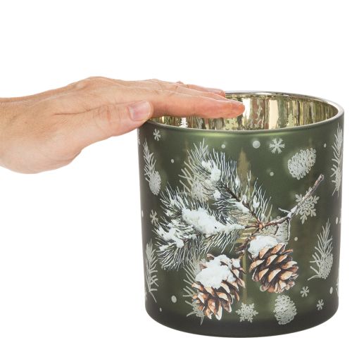 Windlicht Glas Grün mit Tannenzapfen und Schneeflockenmotiv 15cm | Floristik21.de