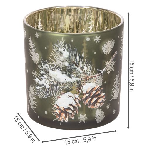Windlicht Glas Grün mit Tannenzapfen und Schneeflockenmotiv 15cm | Floristik21.de