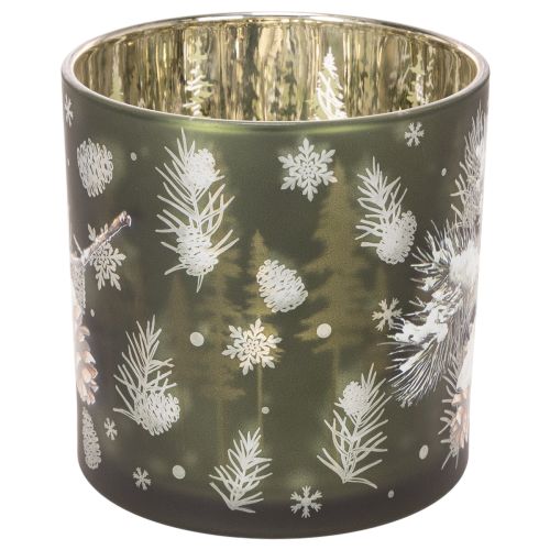 Windlicht Glas Grün mit Tannenzapfen und Schneeflockenmotiv 15cm | Floristik21.de