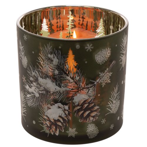 Windlicht Glas Grün mit Tannenzapfen und Schneeflockenmotiv 15cm | Floristik21.de