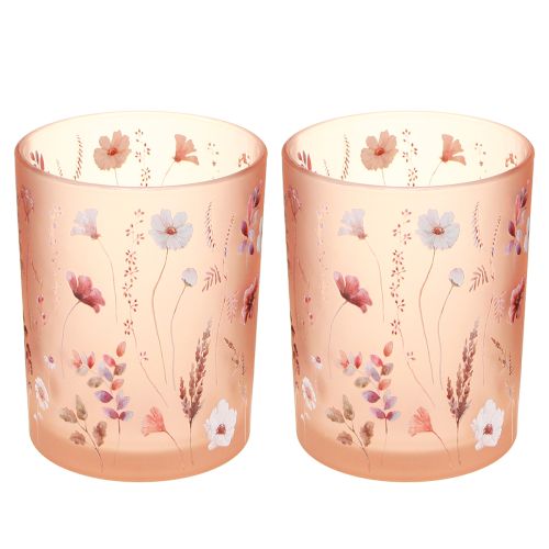 Artikel Deko Windlicht Glas mit Blumenmotiv 12,5 cm Rosa-Weiß im 2er-Set