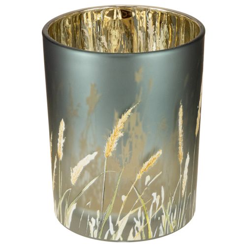 Glas Windlicht mit Gräsermotiv Blau Gold 12,5 cm 2er-Set für stimmungsvolle Deko