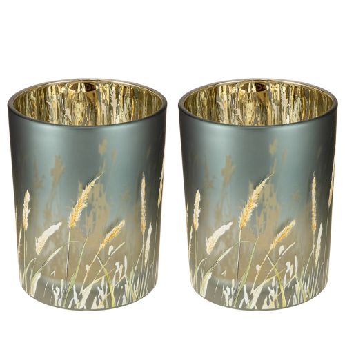 Artikel Glas Windlicht mit Gräsermotiv Blau Gold 12,5 cm 2er-Set für stimmungsvolle Deko