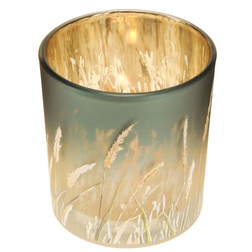 Artikel Deko Windlicht aus Glas im Gräserdesign in Blau mit Gold für stimmungsvolle Teelichtdekoration 8 cm, 4er-Set