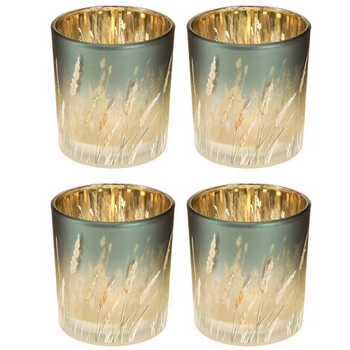 Artikel Deko Windlicht aus Glas im Gräserdesign in Blau mit Gold für stimmungsvolle Teelichtdekoration 8 cm, 4er-Set