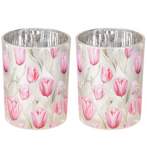 Artikel Windlicht Glas Tulpenmotiv 12,5cm Rosa Weiß, 2er-Set, Frühlingsdekoration