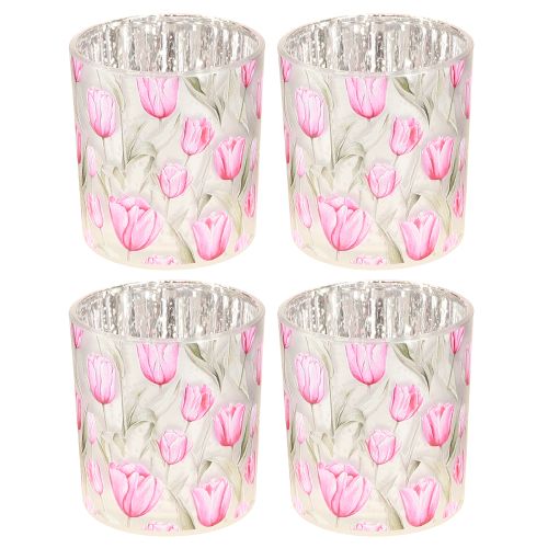 Artikel Deko Windlichter aus Glas mit rosa Tulpenmotiv im 4er Set – Perfekt für frühlingshafte Akzente