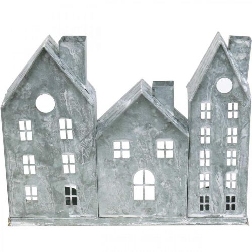 Floristik21 Fensterdeko Weihnachten, Windlicht, Diorama Hausreihe, Metalldeko Silbern Shabby Chic L20cm H20cm