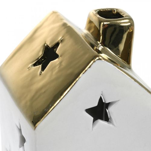 Floristik21 Windlicht Haus Keramik Lichthaus für Teelicht Weiß, Gold 10cm 3St