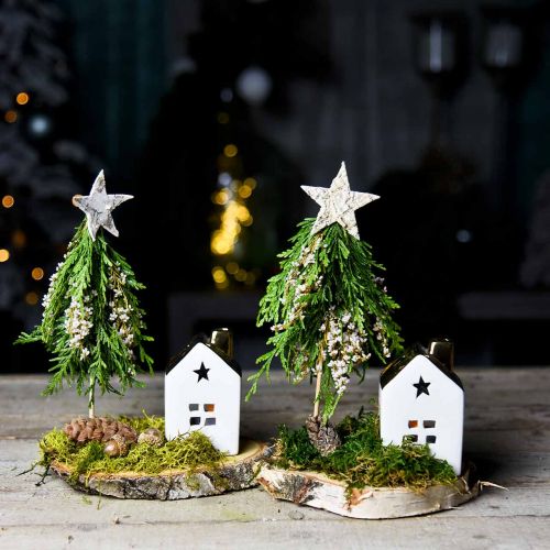 Floristik21 Windlicht Haus Keramik Lichthaus für Teelicht Weiß, Gold 10cm 3St