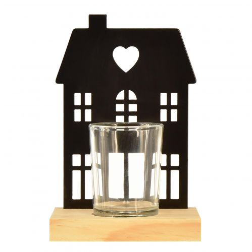 Artikel Windlicht Haus Metall Schwarz mit Holz Sockel H15cm 2St