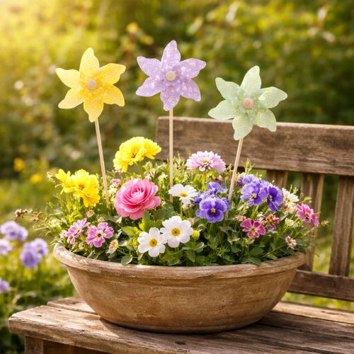 Artikel Gartenstecker Blumenwindmühlen, bunte Frühlingsdeko 28 cm aus Kunststoff im 12er-Set