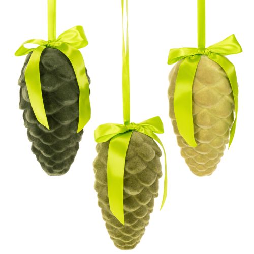 Dekozapfen Kunststoff 18 cm Grün Beflockt 3er Set mit Band