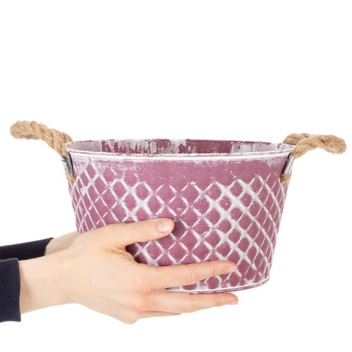 Zinkschale Raute mit Seilgriffen Violett weiß gewaschen Ø24,5cm H14cm | Floristik21.de