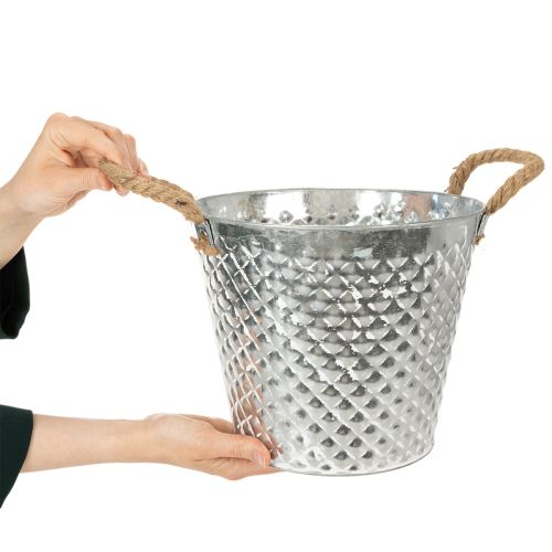 Zinktopf Raute mit Seilgriffen weiß gewaschen Ø24,5cm H21cm | Floristik21.de
