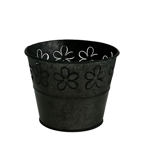 Floristik21 Zinktopf Schwarz mit Blüten Ø10cm H8cm