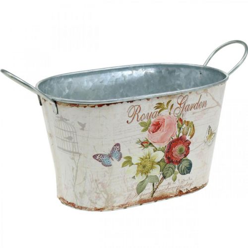 Floristik21 Blumenwanne Vintage, Metalltopf mit Griffen, Pflanzgefäß mit Rosen L18cm H10,5cm