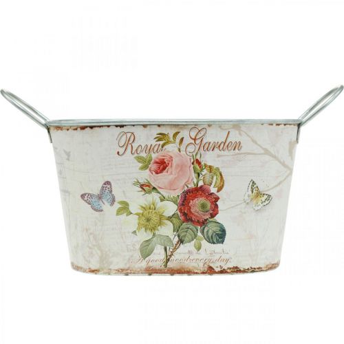 Floristik21 Blumenwanne Vintage, Metalltopf mit Griffen, Pflanzgefäß mit Rosen L18cm H10,5cm