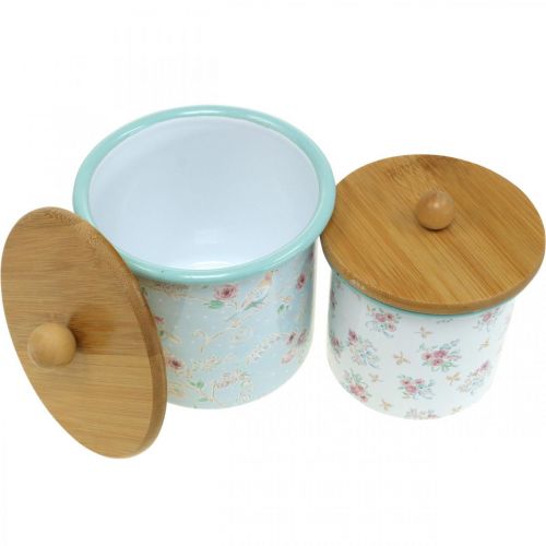 Artikel Emaille Dose mit Deckel Holz Blumenmuster H10/12cm 2er-Set