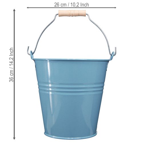 Artikel Eimer Metall Blau Pflanzkübel Holzgriff Outdoor Indoor 26x22,5x23cm