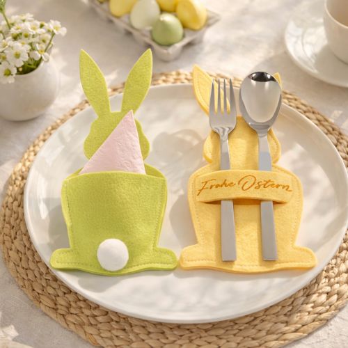 Artikel Bestecktaschen Hase aus Filz mit Frohe-Ostern-Druck, Gelb und Grün, 26cm, 4er-Set