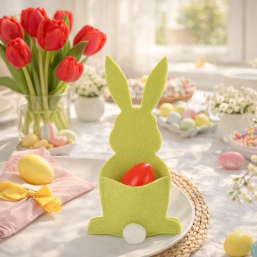 Artikel Bestecktaschen Hase aus Filz mit Frohe-Ostern-Druck, Gelb und Grün, 26cm, 4er-Set