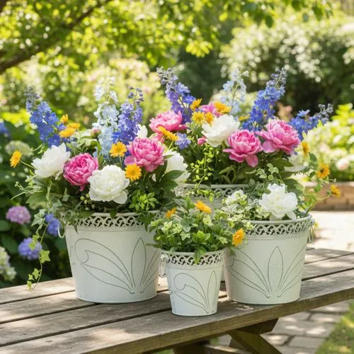 Blech-Kübel mit Prägung, Pflanzgefäß mit Henkeln Weiß, Grün Shabby Chic H22/19,5/17,5cm Ø25,5/20,5/15,5cm 3er-Set | Floristik21.de