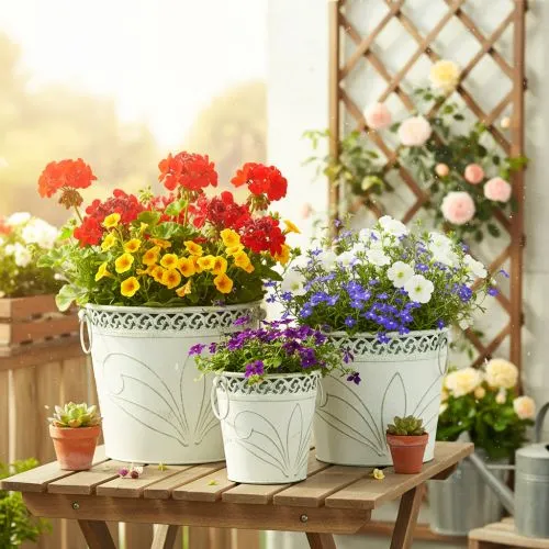 Blech-Kübel mit Prägung, Pflanzgefäß mit Henkeln Weiß, Grün Shabby Chic H22/19,5/17,5cm Ø25,5/20,5/15,5cm 3er-Set | Floristik21.de