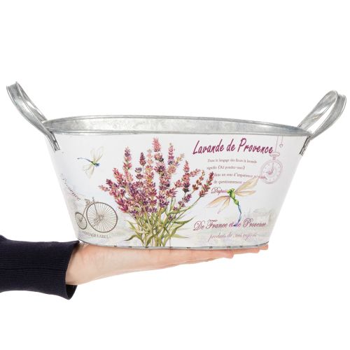 Artikel Blumenschale mit Griffen oval Metall Lavendel 32×15×15cm