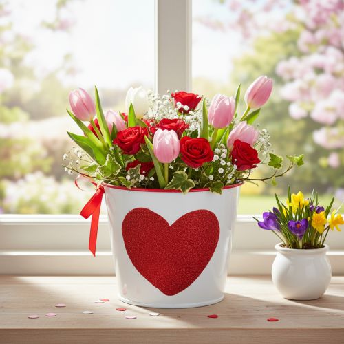 Blumentopf Weiß mit Herz in Rot Übertopf Pflanztopf Ø13cm H10,5cm | Floristik21.de