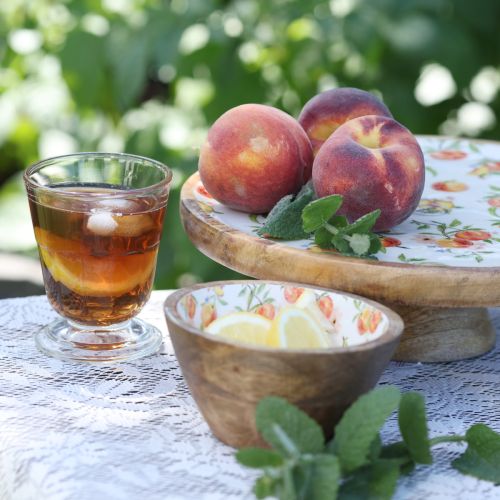 Artikel Deko Teller mit Fuß Mangoholz Pfirsich Motiv Ø26cm H9,5cm - Perfekt für Sommerdeko